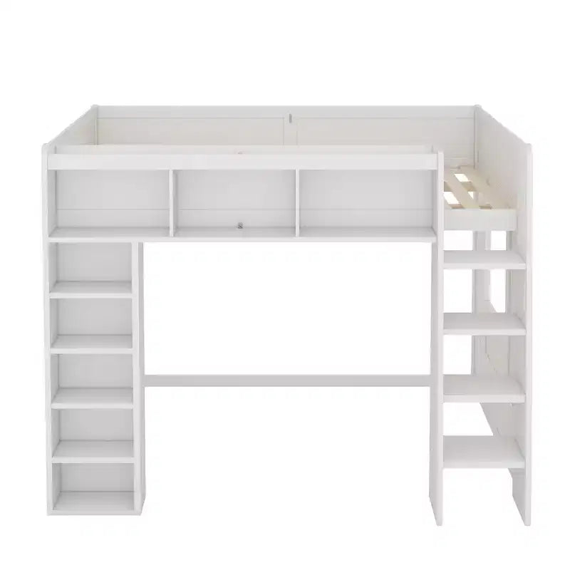 Lit mezzanine en bois avec armoires de rangement et étagères