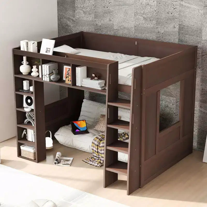 Lit mezzanine en bois avec armoires de rangement et étagères