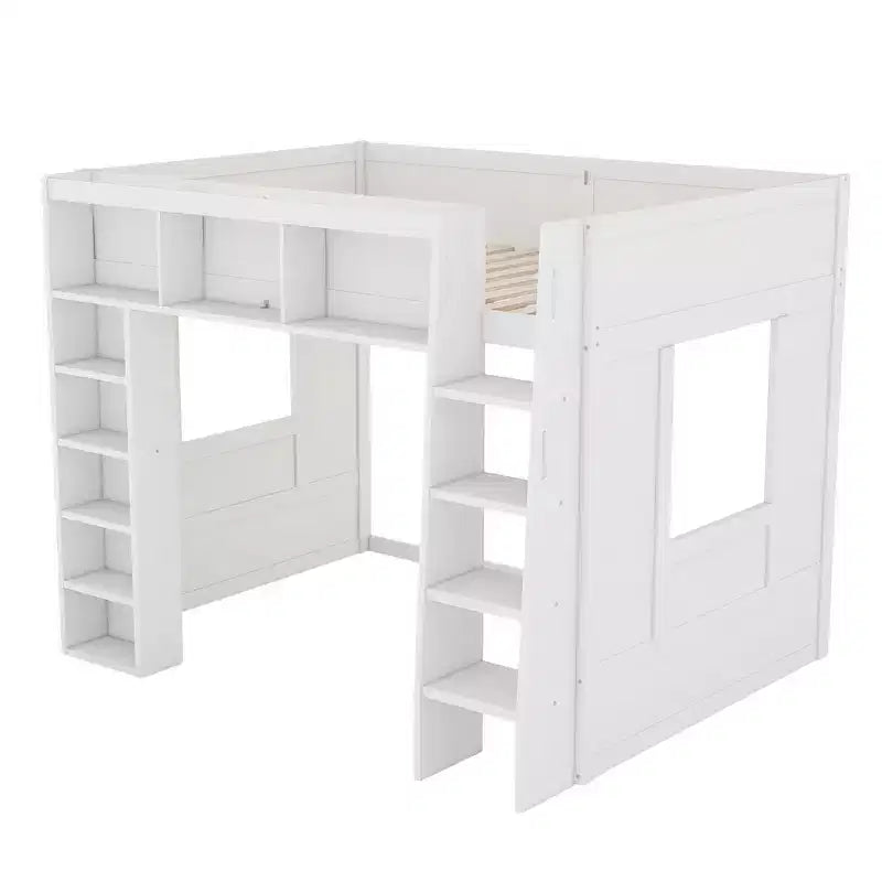 Lit mezzanine en bois avec armoires de rangement et étagères