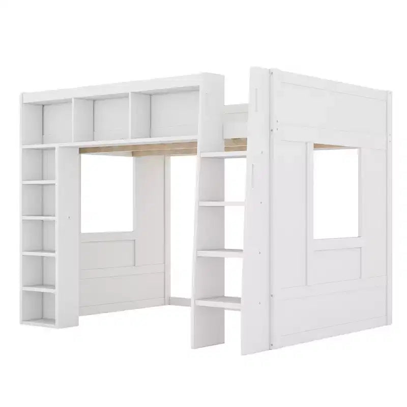 Lit mezzanine en bois avec armoires de rangement et étagères