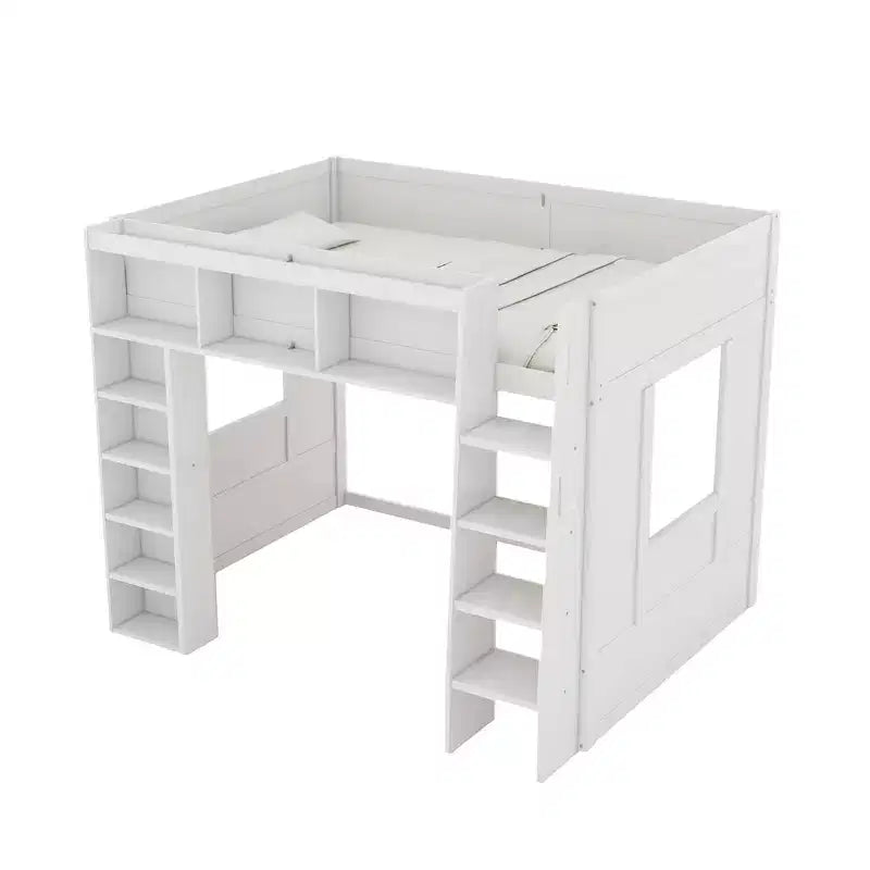 Lit mezzanine en bois avec armoires de rangement et étagères