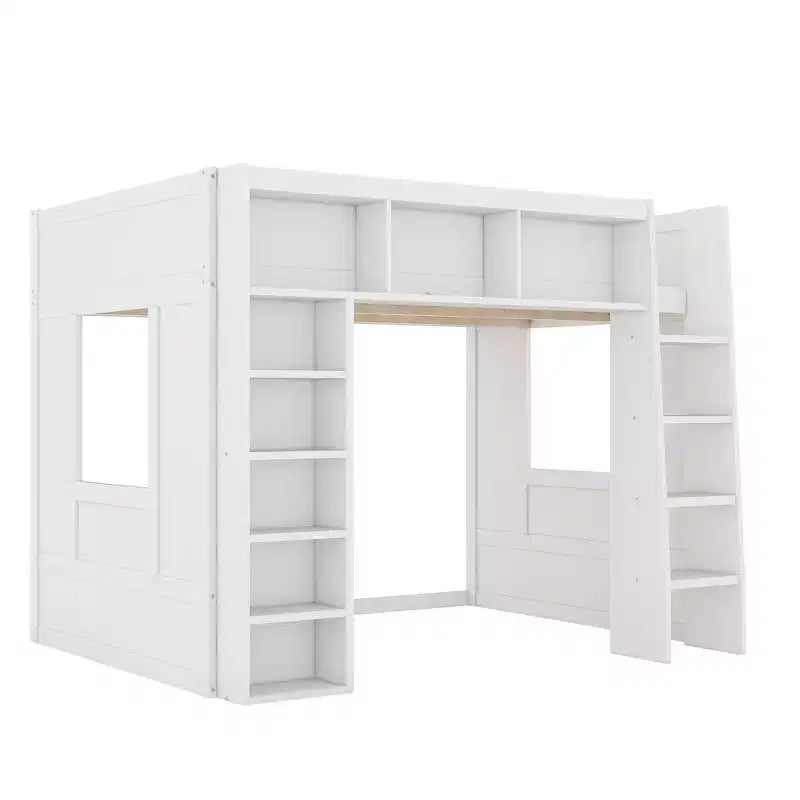 Lit mezzanine en bois avec armoires de rangement et étagères