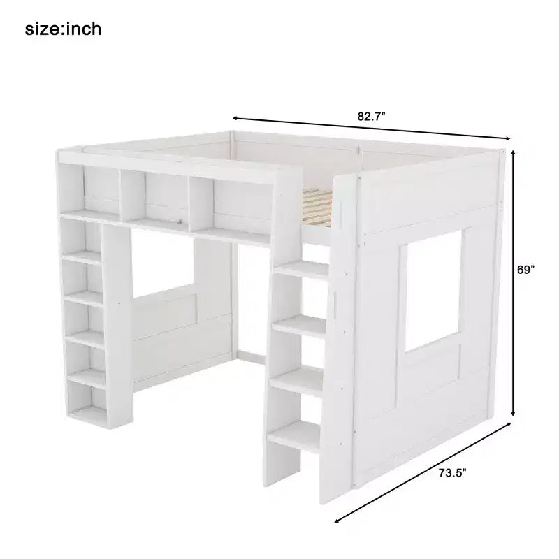 Lit mezzanine en bois avec armoires de rangement et étagères