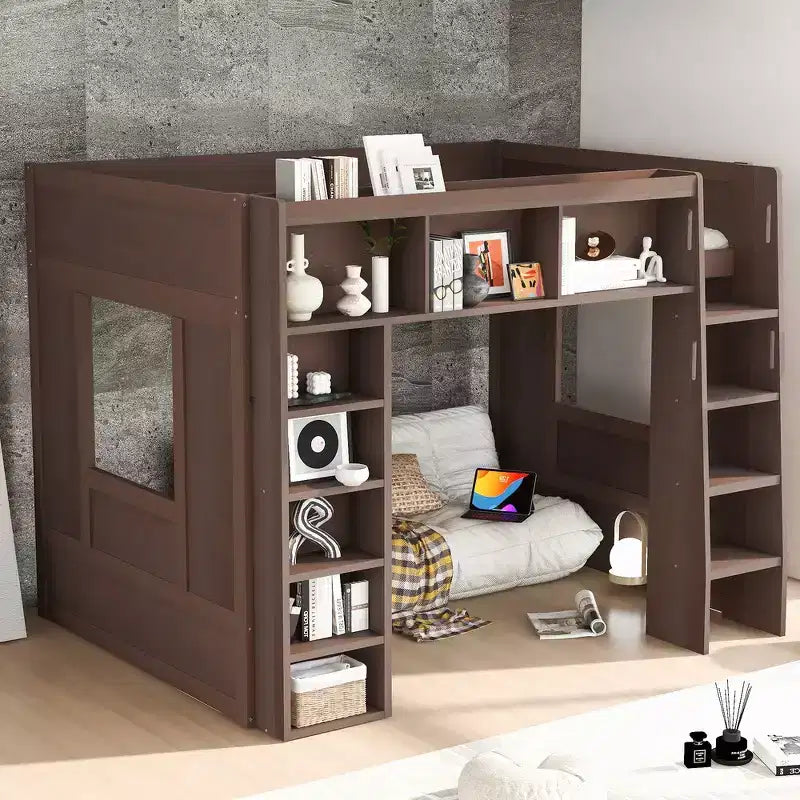 Lit mezzanine en bois avec armoires de rangement et étagères