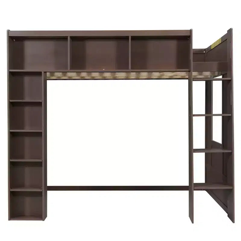 Lit mezzanine en bois avec armoires de rangement et étagères