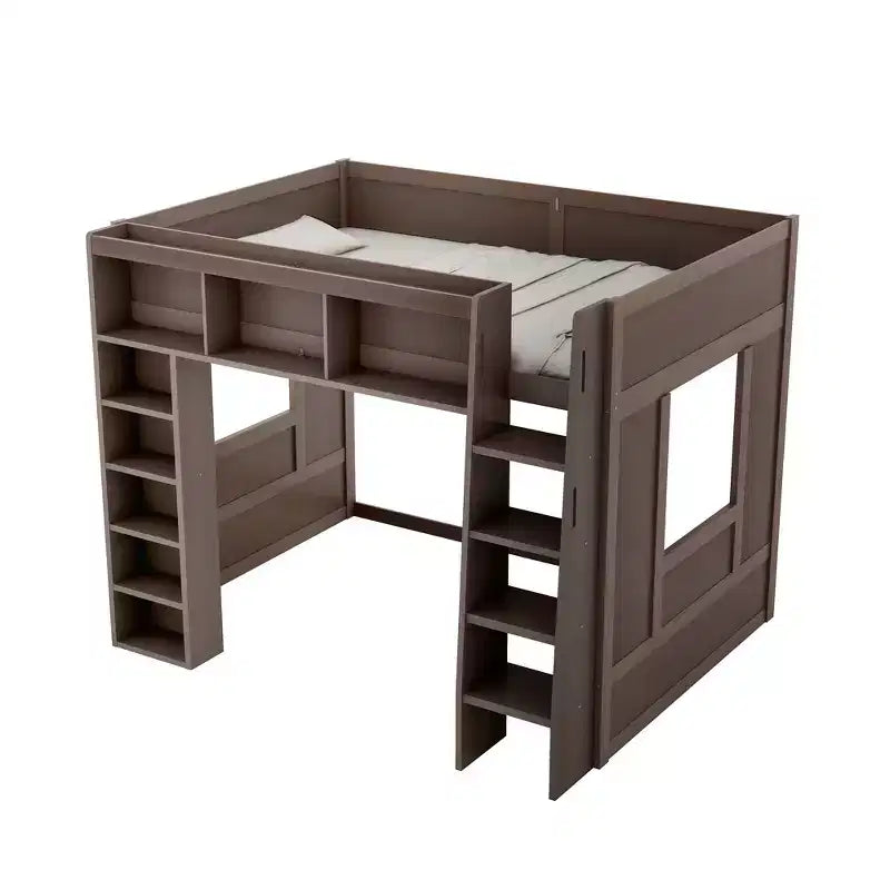 Lit mezzanine en bois avec armoires de rangement et étagères