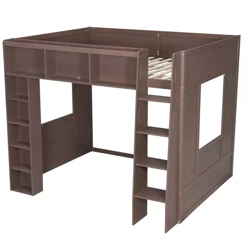 Lit mezzanine en bois avec armoires de rangement et étagères
