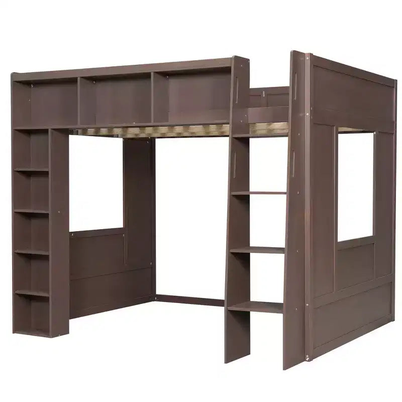Lit mezzanine en bois avec armoires de rangement et étagères