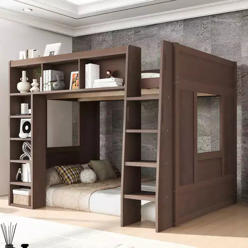 Whisen Queen Size Wooden Loft Bed Frame with Storage Cabinets and Shelves