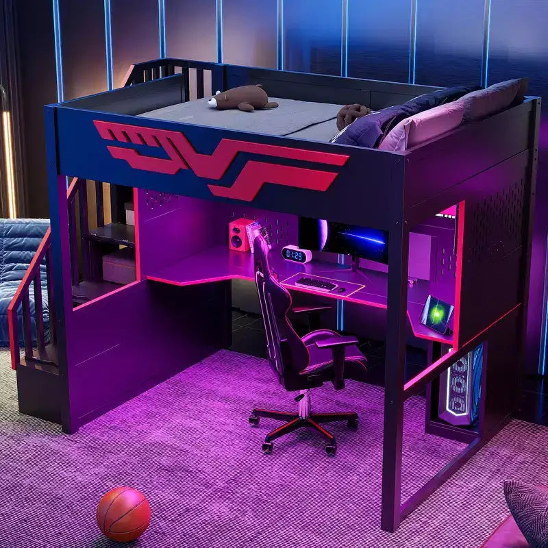 Whisen Full Size Gaming Loft Bed Frame with Desk and Storage Staircase - Red & Black