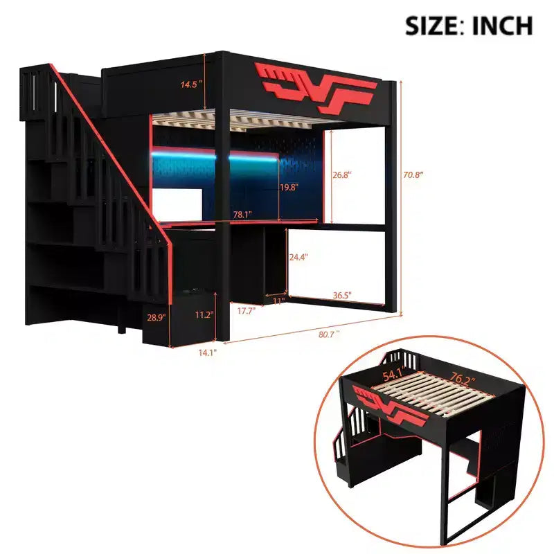 Lit mezzanine pleine grandeur pour jeux avec bureau et escalier de rangement – Rouge et noir