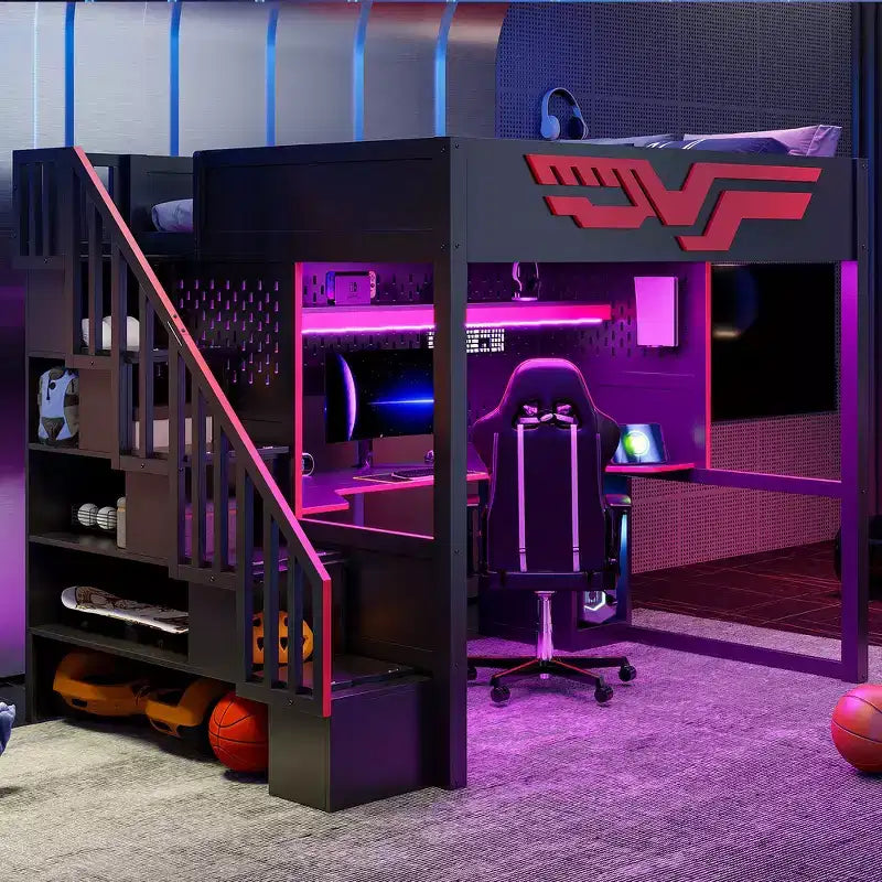 Lit mezzanine pleine grandeur pour jeux avec bureau et escalier de rangement – Rouge et noir