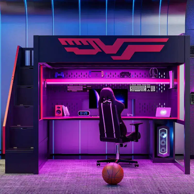 Lit mezzanine pleine grandeur pour jeux avec bureau et escalier de rangement – Rouge et noir