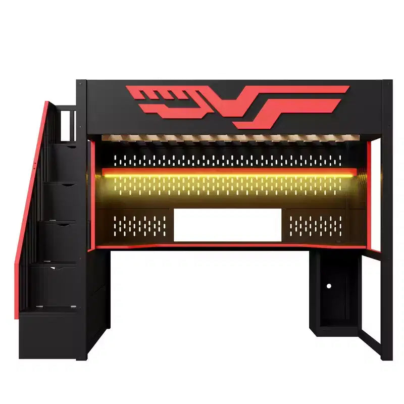 Lit mezzanine pleine grandeur pour jeux avec bureau et escalier de rangement – Rouge et noir