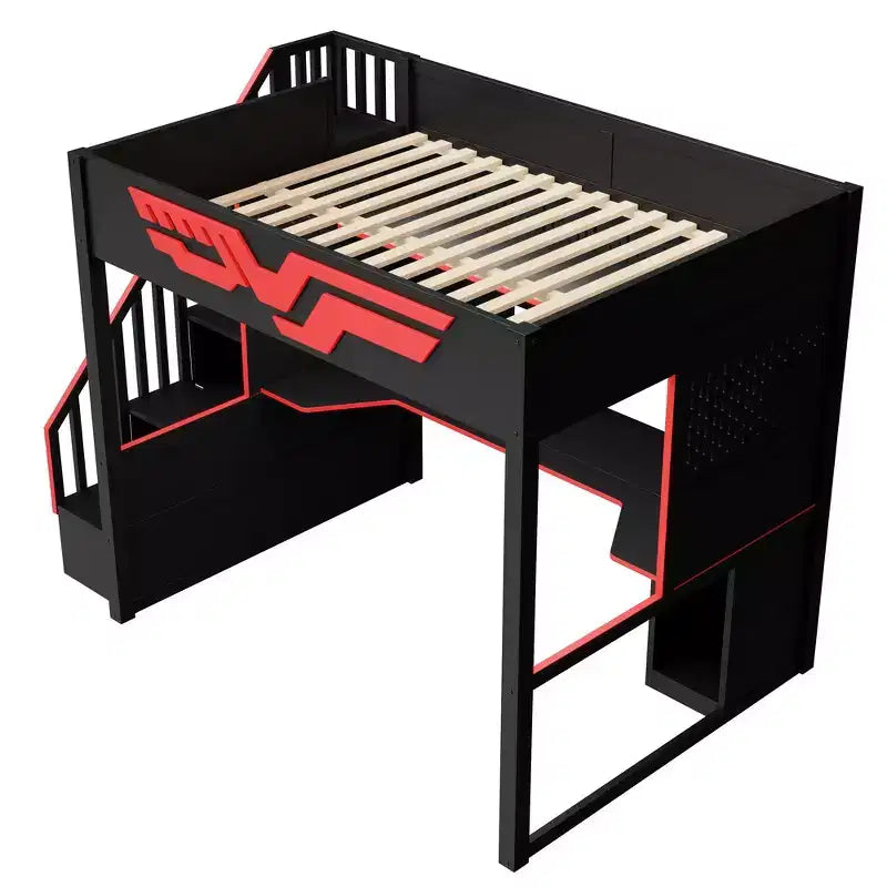 Lit mezzanine pleine grandeur pour jeux avec bureau et escalier de rangement – Rouge et noir
