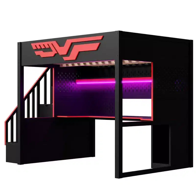Lit mezzanine pleine grandeur pour jeux avec bureau et escalier de rangement – Rouge et noir
