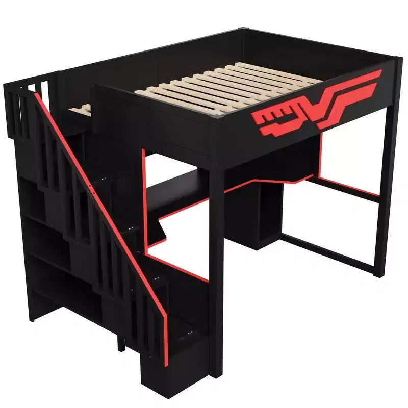 Lit mezzanine pleine grandeur pour jeux avec bureau et escalier de rangement – Rouge et noir