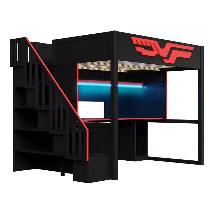 Lit mezzanine pleine grandeur pour jeux avec bureau et escalier de rangement – Rouge et noir