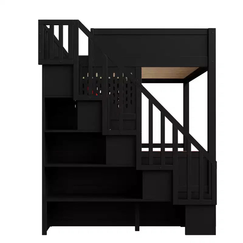 Lit mezzanine pleine grandeur pour jeux avec bureau et escalier de rangement – Rouge et noir