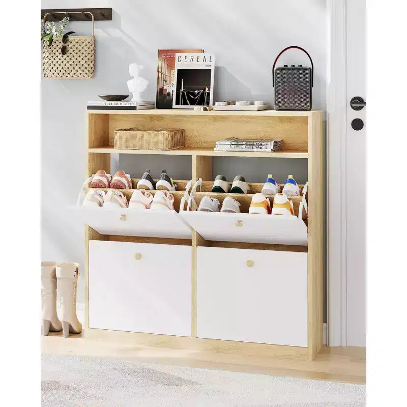 COZONY Narrow Shoe Cabinet 4 Flip Drawers - Wooden Organizer with Open Shelf for Slippers, Sneakers, Heels, Entryway, Hallway, Porches