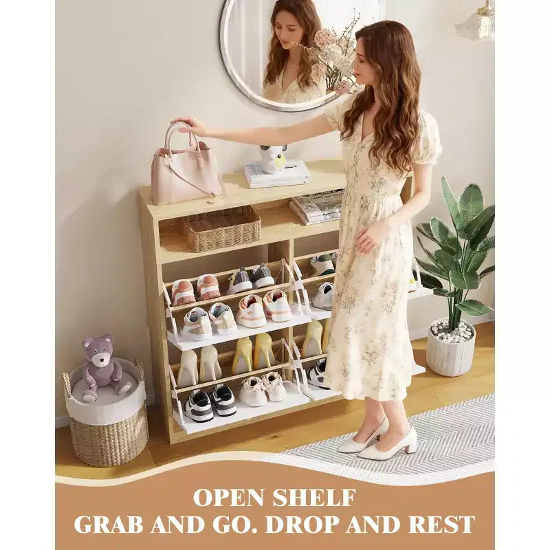 Meuble à chaussures étroit 4 tiroirs à abattant - Organisateur en bois avec étagère ouverte pour pantoufles, baskets, talons, entrée, couloir, porches