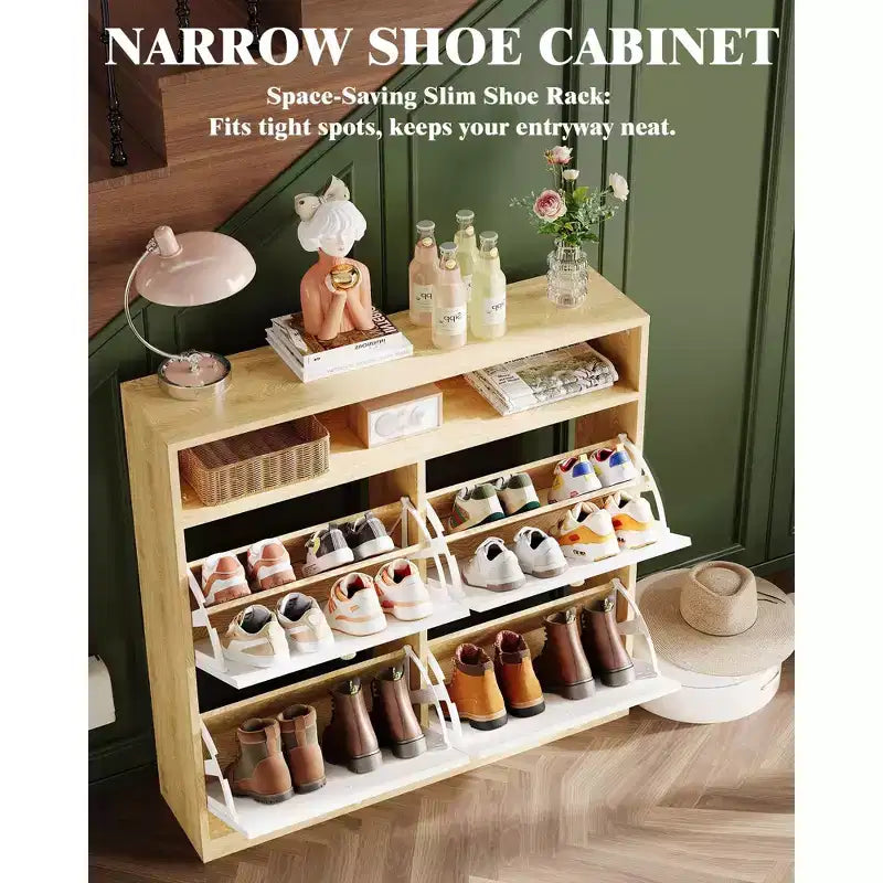 Meuble à chaussures étroit 4 tiroirs à abattant - Organisateur en bois avec étagère ouverte pour pantoufles, baskets, talons, entrée, couloir, porches
