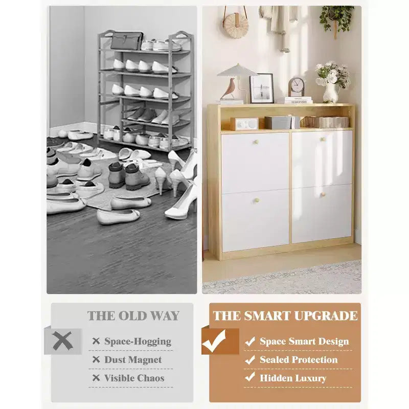 Meuble à chaussures étroit 4 tiroirs à abattant - Organisateur en bois avec étagère ouverte pour pantoufles, baskets, talons, entrée, couloir, porches