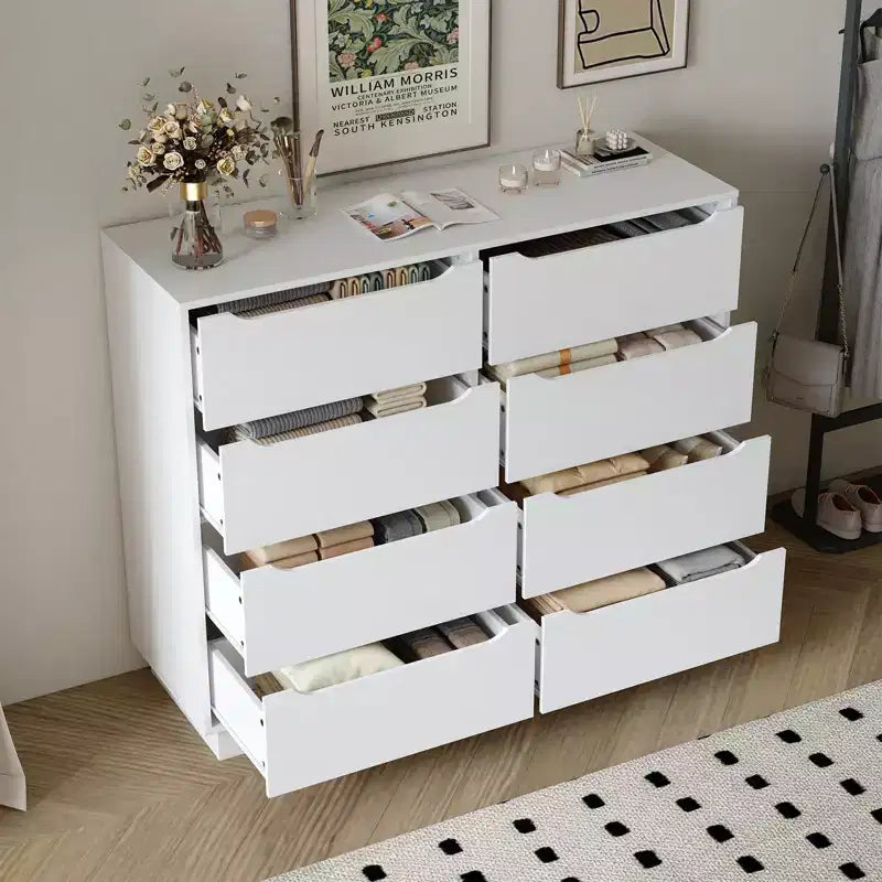 Commode Blanche pour Chambre à Coucher avec Tiroir Profond, Grande Commode Moderne en Bois de 47", 8 Tiroirs, Salon, Couloir, Entrée