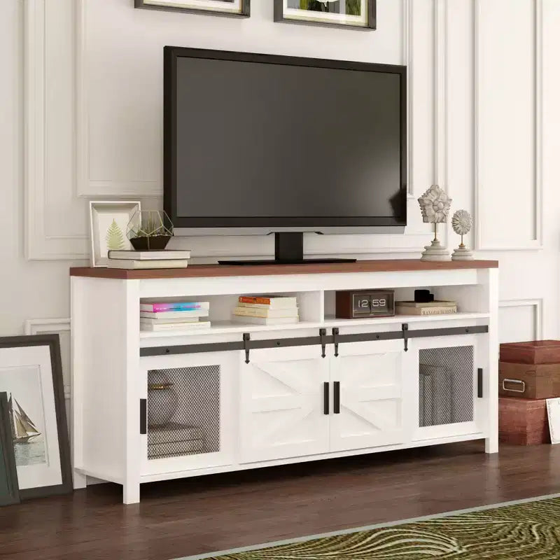 Farmhouse TV Stand for 75+ Inch TV, 70 Entertainment Center with Storage Cabinets and Sliding Barn Door, Media Console for Living Room