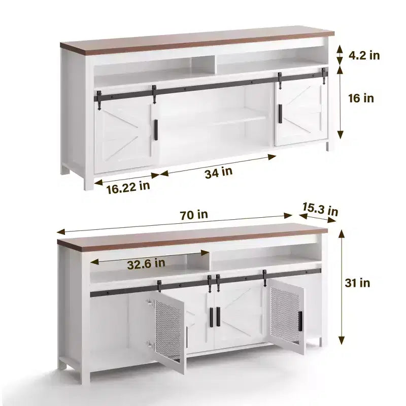Meuble TV de style rustique, adapté aux téléviseurs de 75 pouces et plus.