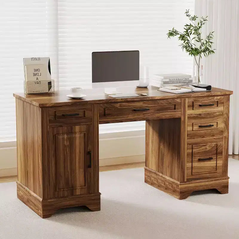 Bureau exécutif de ferme avec rangement, Bureau d'écriture en bois avec 5 tiroirs et armoire, Table d'ordinateur rustique pour salon, chambre à coucher, bureau