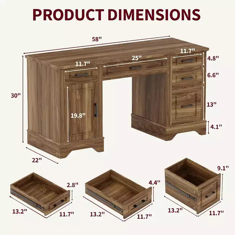 Bureau exécutif de ferme avec rangement, Bureau d'écriture en bois avec 5 tiroirs et armoire, Table d'ordinateur rustique pour salon, chambre à coucher, bureau