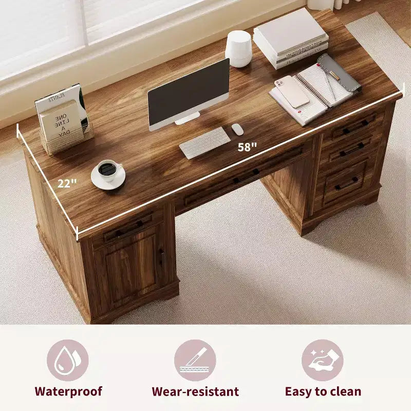 Bureau exécutif de ferme avec rangement, Bureau d'écriture en bois avec 5 tiroirs et armoire, Table d'ordinateur rustique pour salon, chambre à coucher, bureau