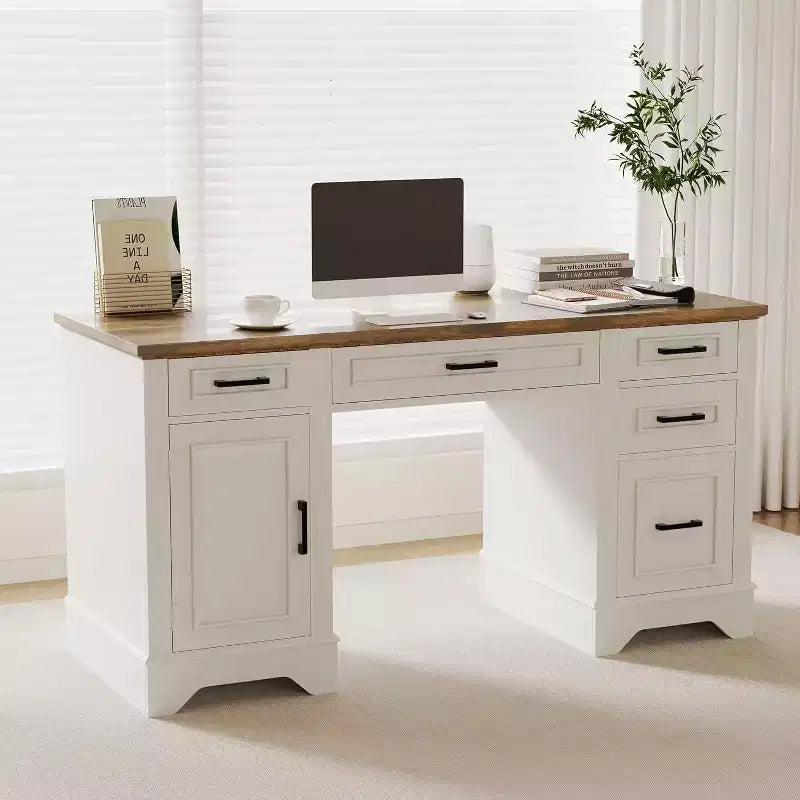 Bureau exécutif de ferme avec rangement, Bureau d'écriture en bois avec 5 tiroirs et armoire, Table d'ordinateur rustique pour salon, chambre à coucher, bureau