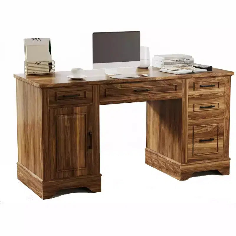 Farmhouse Home Office Executive Desk with Storage, Wooden Writing Desk with 5 Drawers & Cabinet, Rustic Computer Table for Living Room Bedroom Study
