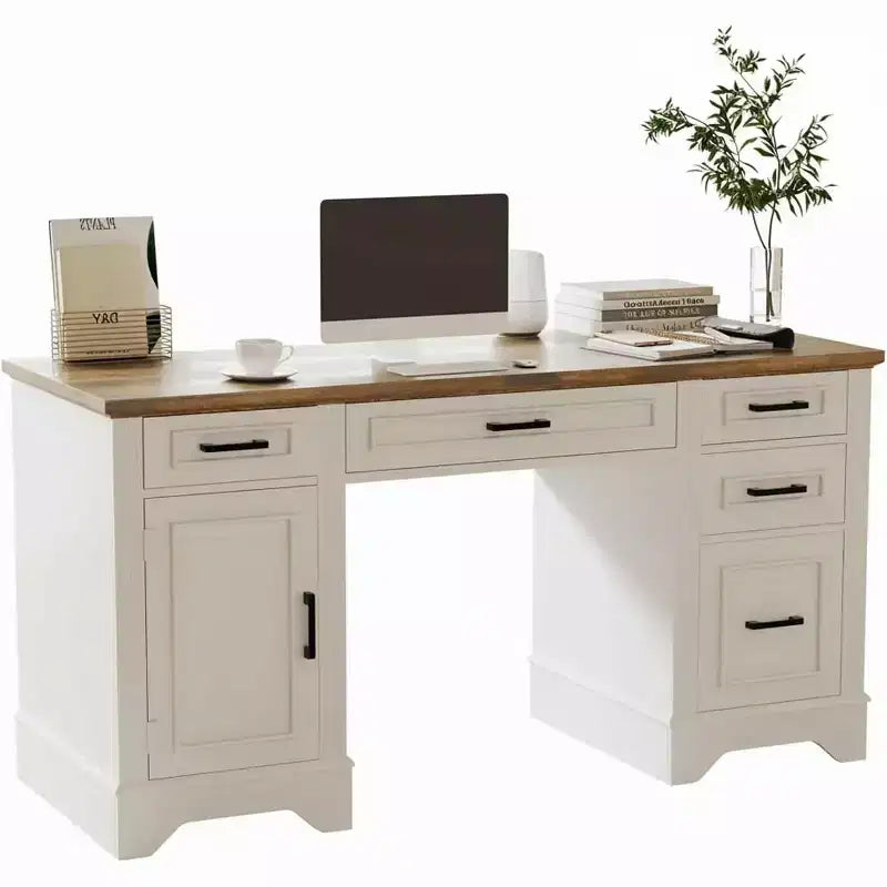 Bureau exécutif de ferme avec rangement, Bureau d'écriture en bois avec 5 tiroirs et armoire, Table d'ordinateur rustique pour salon, chambre à coucher, bureau