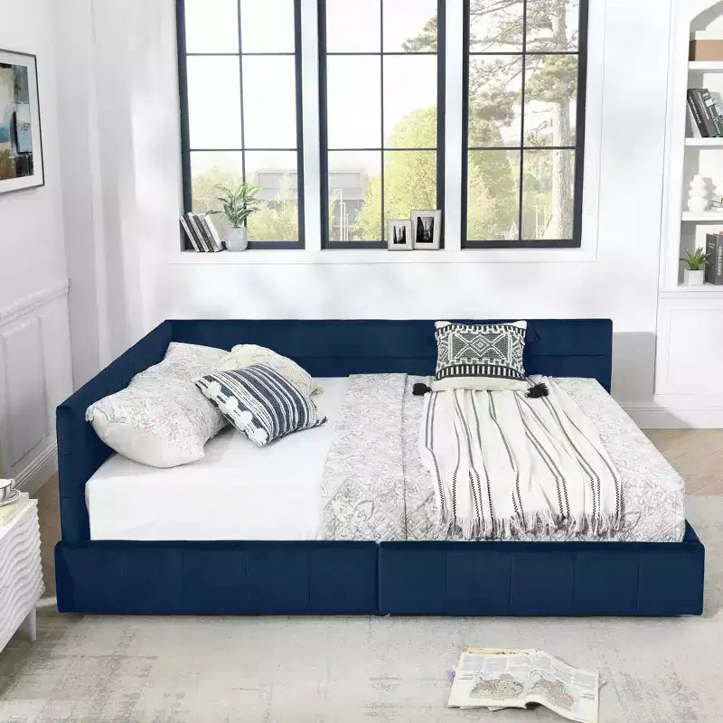 MAYEERTY Queen Size Storage Upholstered Tufted Bed Frame with Backrest and Armrests for Bedroom Blue