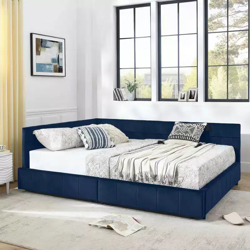Cadre de lit capitonné avec espace de rangement, dossier et accoudoirs, pour chambre à coucher, bleu
