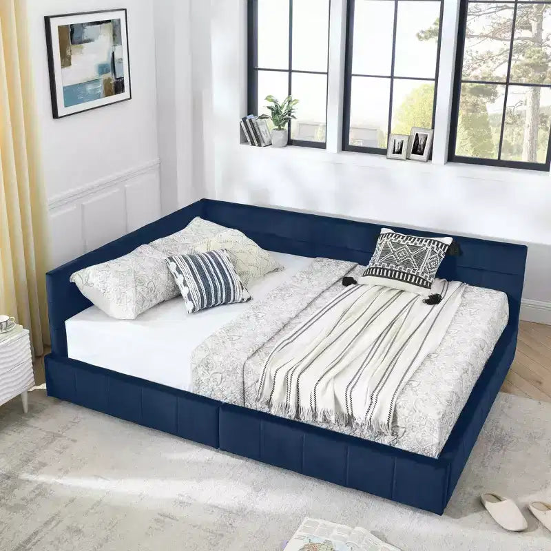 Cadre de lit capitonné avec espace de rangement, dossier et accoudoirs, pour chambre à coucher, bleu