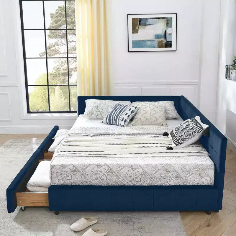 Cadre de lit capitonné avec espace de rangement, dossier et accoudoirs, pour chambre à coucher, bleu