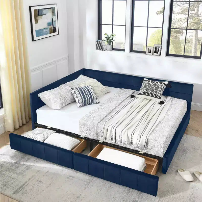 Cadre de lit capitonné avec espace de rangement, dossier et accoudoirs, pour chambre à coucher, bleu