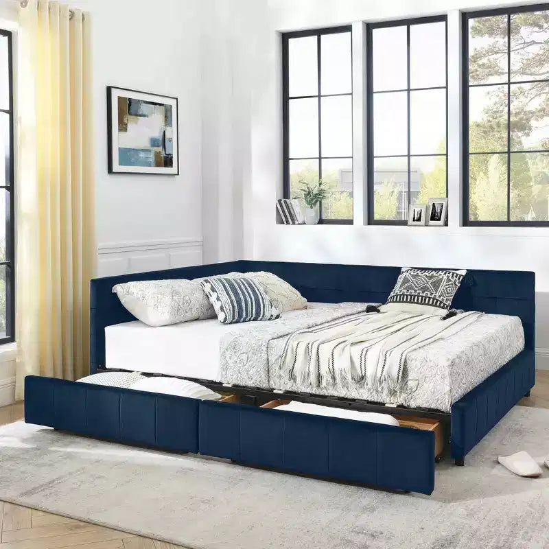 Cadre de lit capitonné avec espace de rangement, dossier et accoudoirs, pour chambre à coucher, bleu