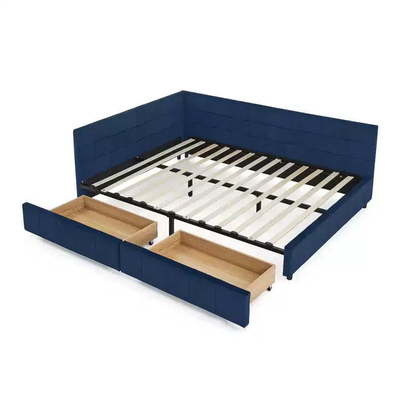 Cadre de lit capitonné avec espace de rangement, dossier et accoudoirs, pour chambre à coucher, bleu
