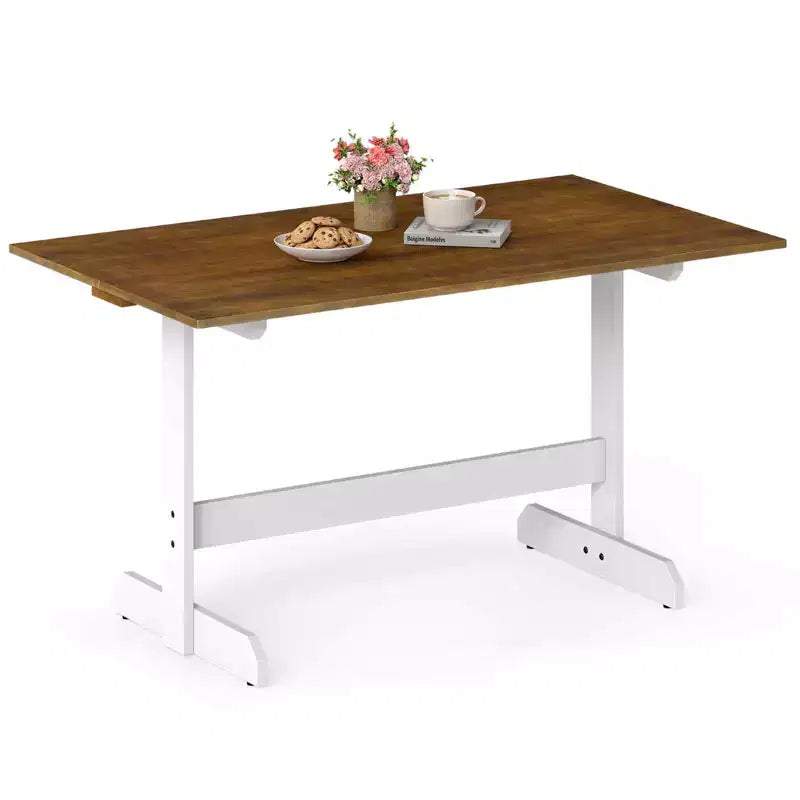 Costway 55 Dining Table for 4-6 People, Rectangular Kitchen Table with Wood Trestle Base Walnut + White