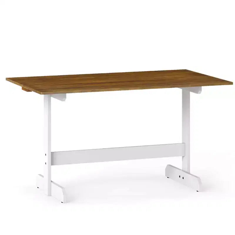 Table de salle à manger pour 4-6 personnes, table de cuisine rectangulaire avec piètement en bois style tréteau Noyer + Blanc