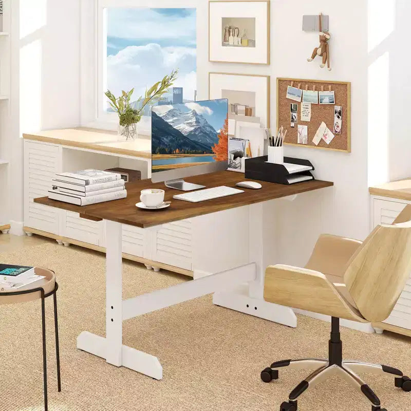 Table de salle à manger pour 4-6 personnes, table de cuisine rectangulaire avec piètement en bois style tréteau Noyer + Blanc