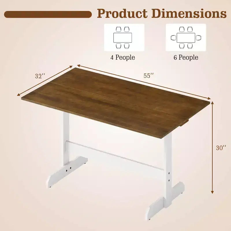 Table de salle à manger pour 4-6 personnes, table de cuisine rectangulaire avec piètement en bois style tréteau Noyer + Blanc