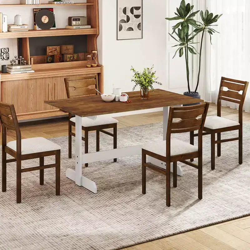 Table de salle à manger pour 4-6 personnes, table de cuisine rectangulaire avec piètement en bois style tréteau Noyer + Blanc