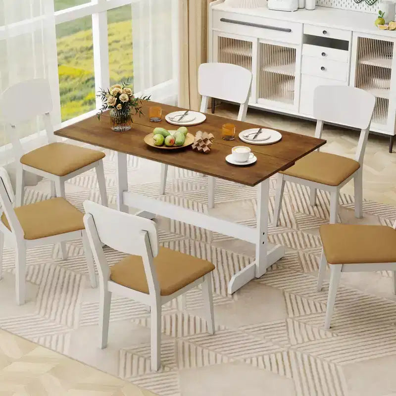 Table de salle à manger pour 4-6 personnes, table de cuisine rectangulaire avec piètement en bois style tréteau Noyer + Blanc