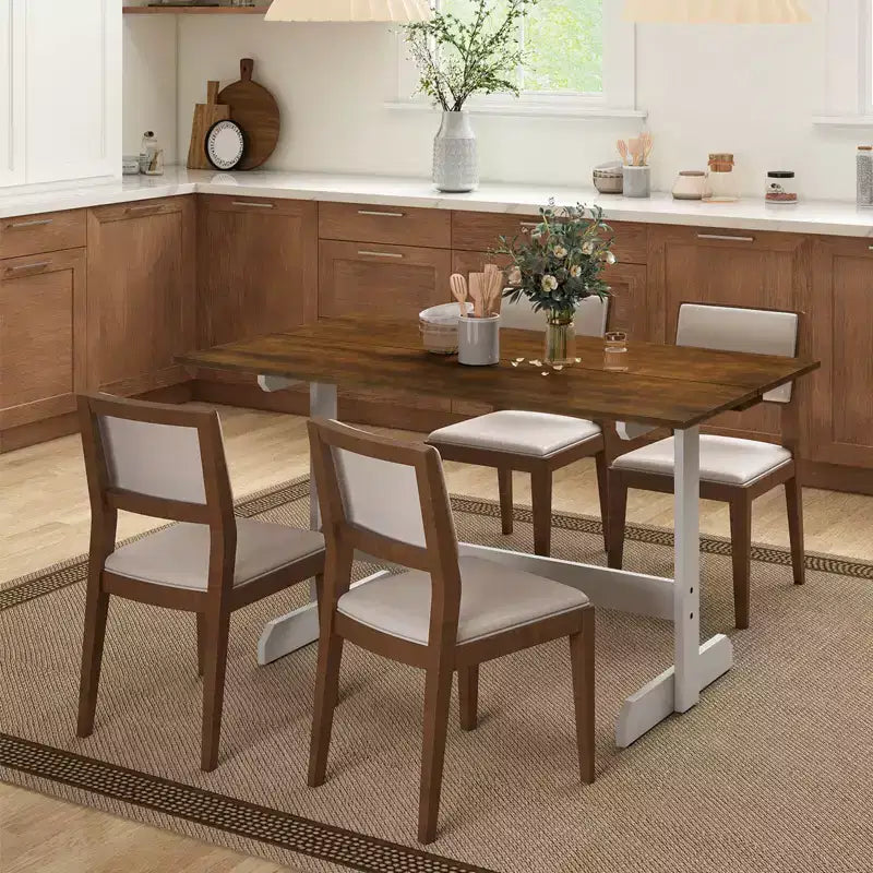 Table de salle à manger pour 4-6 personnes, table de cuisine rectangulaire avec piètement en bois style tréteau Noyer + Blanc